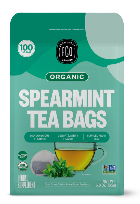 FGO Organic Spearmint Leaf Tea, 100 Count, Eco-Conscious Tea Bags, Caffeine Free, Resealable Bag, Packaging May Vary (Pack of 1)