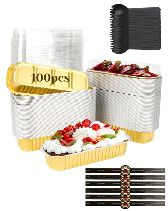 YQER 100 Pack Mini Loaf Pans with Lids, Spoons & Stickers – Disposable Aluminum Foil Baking Cake Containers for Oven, Air Fryer & Freezer – Ideal for Cakes, Bread, Pudding, Parties & Gifting, Gold