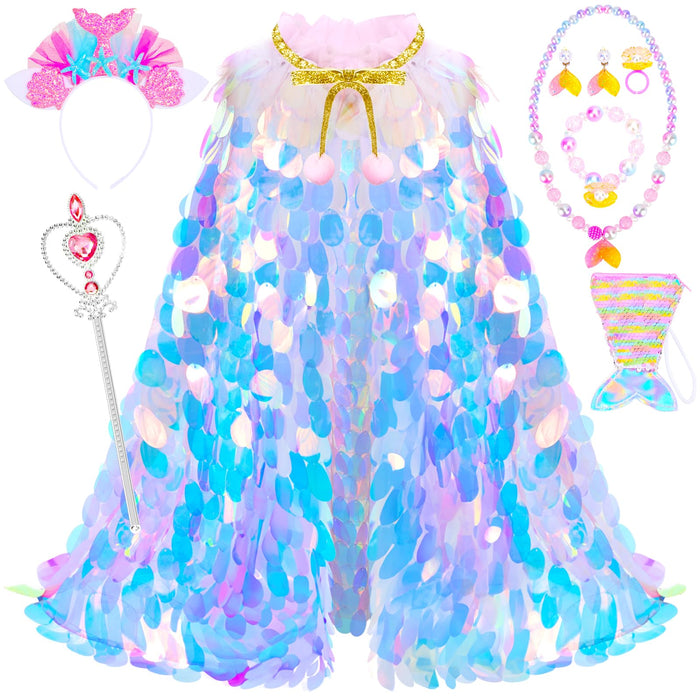 LIMIROLER Princess Dress Up Toys Princess Dress Up Clothes Rainbow Mermaid Cape Kit 9 Pcs Gift Set for Little Girls 3-8 Years Old, Great Gift Set for Birthday Christmas Halloween