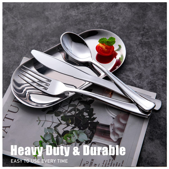 WDF 300 Pieces Silver Plastic Silverware - Plastic Silverware- Plastic Silverware Heavy Duty - 100 Forks 100 Knives 100 Spoons - Disposable Silver Plastic Cutlery Perfect for Party/Wedding/Christmas