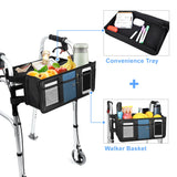 Dotday Upgraded Walker Basket for Folding Walker + Walker Tray + Cup Holder, Foldable Walker Bag, Large Storage Basket for Walker, Walker Accessories for Seniors, Black (Not Fit Rollator Walkers)