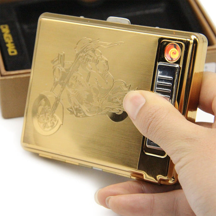 Gold Metal Cigarette Case with Electronic Lighter USB Rechargeable Hold 20 pieces Cigarettes