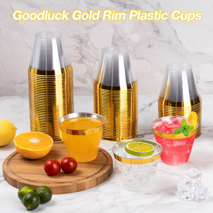 Goodluck 100PCS 9oz Gold Plastic Cups for Party, Disposable Gold Rim Cups, Plastic Cocktail Glasses for Wedding Thanksgiving, Christmas, and Parties