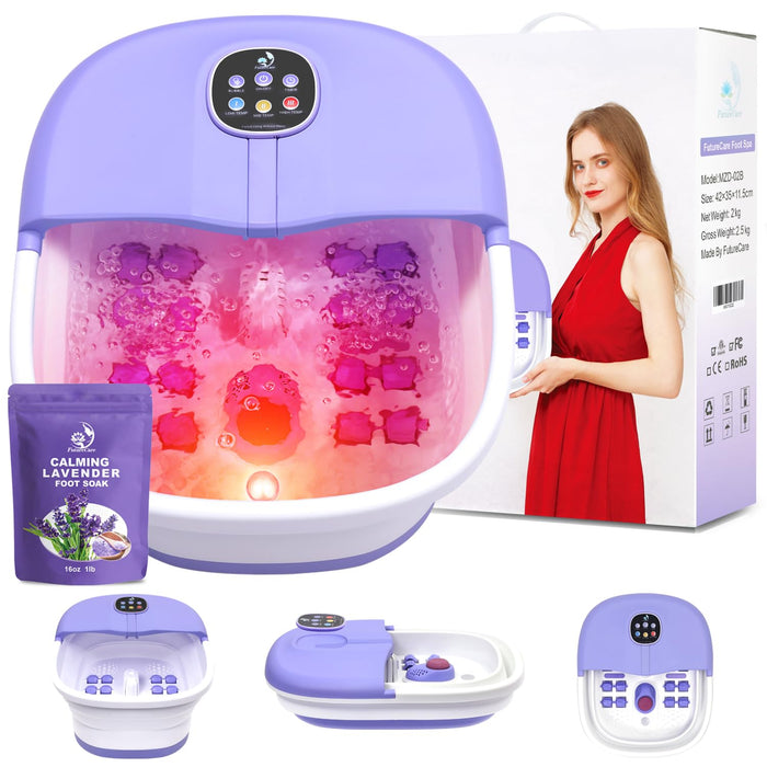 Foot Spa Bath Massager with Heat Bubbles and Vibration Massage and Jets, 16OZ Calming Lavender Foot Soak Epsom Salt, Collapsible Foot Bath Bucket with Infrared Relieve Stress & Remote Control - Purple