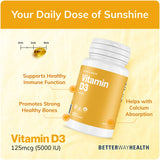 Better Way Health Vitamin D3-5,000 IU Softgel - High Potency Formula, Supports Bone Health & Immune System - 120 Softgels of Vitamin D3 - Non-GMO, Dairy Free