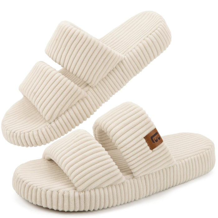 LongBay Slippers for Women Memory Foam Open Toe Slide Indoor House Shoes Slip On Bedroom Comfy Gift Beige, 7-8