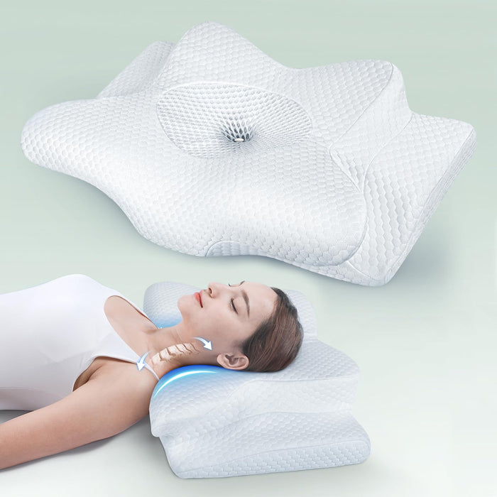 No More Aches Neck Pillow for Pain Relief, Adjustable Cervical Pillow for Neck Support with Armrest, Odorless Ergonomic Contour Memory Foam Pillows,Orthopedic Bed Pillow for Side Back Stomach Blue