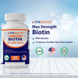 Vitamatic High Potency Biotin 20000 mcg (20mg) with Keratin 100mg - 120 Vegetarian Tablets - Biotin Supplements for Healthy Hair Skin & Nails for Adults (120 Count (Pack of 2))