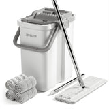 JOYMOOP Mop and Bucket with Wringer Set, Flat Squeeze Mop Flat Head, Dust Mops for Wall Cleaner with Long Handle, Hands-Free Microfiber Mops for Floor Cleaning - White