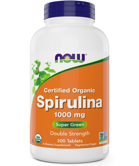 NOW Foods Organic Spirulina 1000mg Tablets - 300 Count - Non-GMO, Super Green Whole Food Supplement - Double Strength 1000 mg - Naturally Occurring Beta-Carotene (VIT A), B-12 and GLA