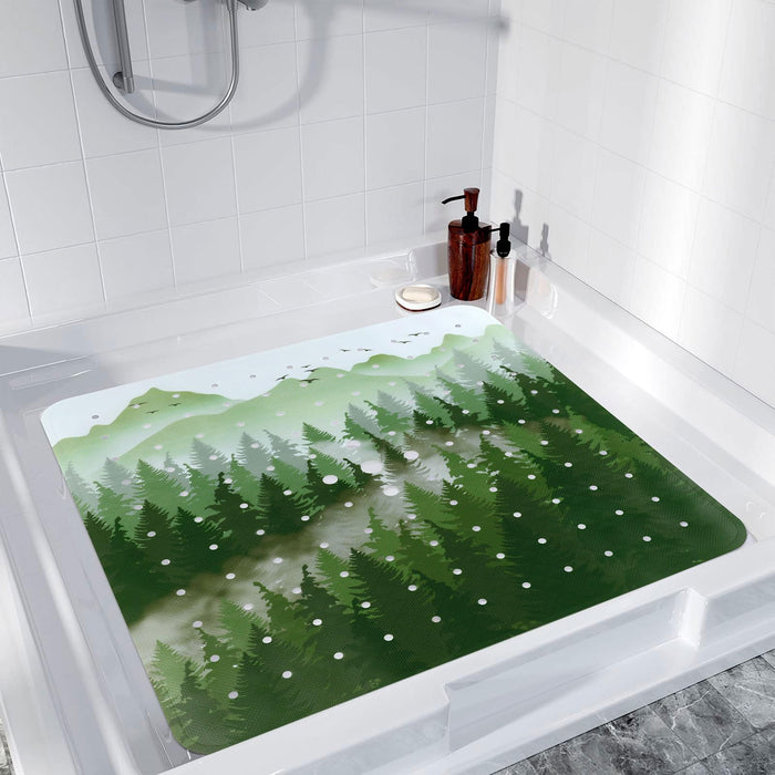 Topotdor Bathtub Mat Non Slip for Shower Tub, 40 X 16 Inch Extra Long Bath Mat for Kids & Elderly, Machine Washable Shower Floor Mat with Suction Cups and Drain Holes, Green Misty Forest