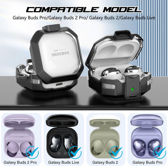 【 with Secure Lock 】 Clear case for Samsung Galaxy Buds Fe case 2023/Galaxy Buds 2 case/Galaxy Buds Live case/Galaxy Buds Pro Case/Galaxy Buds Pro 2 Case with Keychain and Cleaner Kit - Clear Black