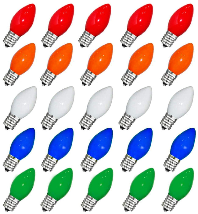 Couah Christmas Light Bulbs C7 Multi-Color Replacement Bulbs（25 Pack） C7 Ceramic Outdoor String Light Replacement Bulbs, C7/E12 Candelabra Base, 5 Watt