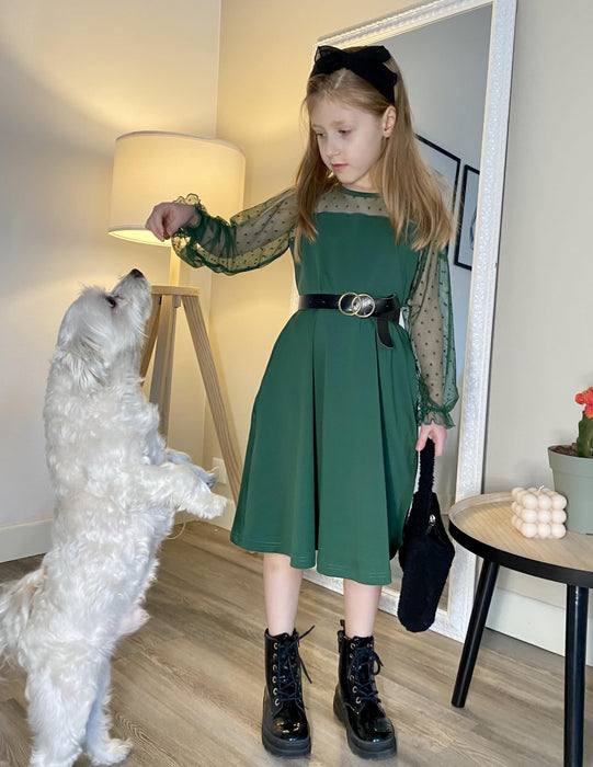 Arshiner Girl's Sheer Mesh Lantern Long Sleeve Green Christmas High Waist Elegant Party Short Dress 14-16 Years