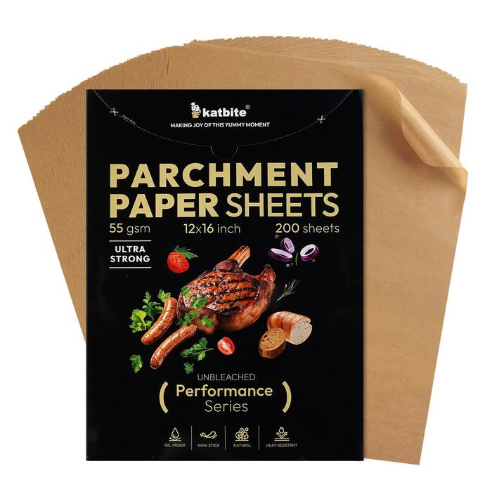 Katbite 200 Pcs Parchment Paper Sheets, 12x16IN Ultra-strong Unbleached Baking Paper Non-Stick for Professional Baking, Pre-cut Parchment Paper Suitable for Baking,Cooking [Performance Series]