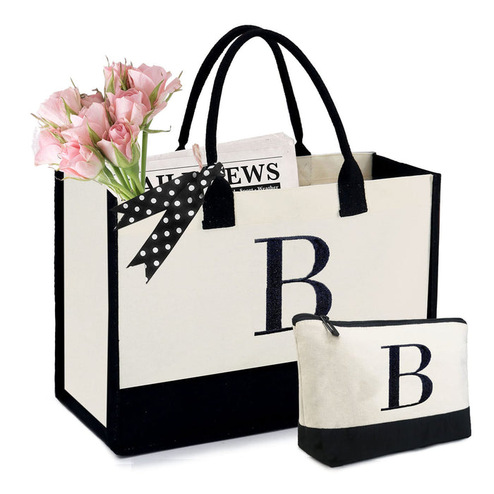 BeeGreen Monogram-Tote-Bag-for-Women-Friends-Mom-Christmas-Wedding Valentine's Day Large Initial Monogram Canvas Bag with Embroidery,Cute Tote Bags with Zipper Pockets Makeup Bag B