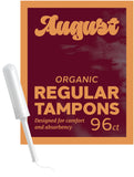 August Organic Cotton Tampons, 96 Regular Tampons Made with Organic Cotton, Long Applicators, Non-toxic Organic Tampons, Fragrance & Chlorine-free, Hypoallergenic (6 boxes of 16/12 boxes of 8)