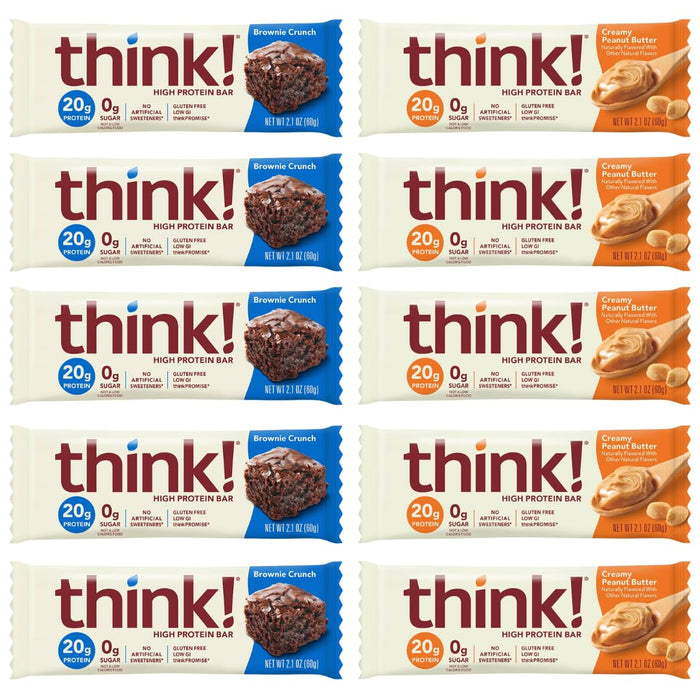 Think High Protein Bars - Creamy Peanut Butter & Chocolate Brownie, 20g Protein, 0g Sugar, No Artificial Sweeteners, Gluten Free, GMO-Free, 2.1 Ounce bars, (10 Pack) (10 Count, Variety)