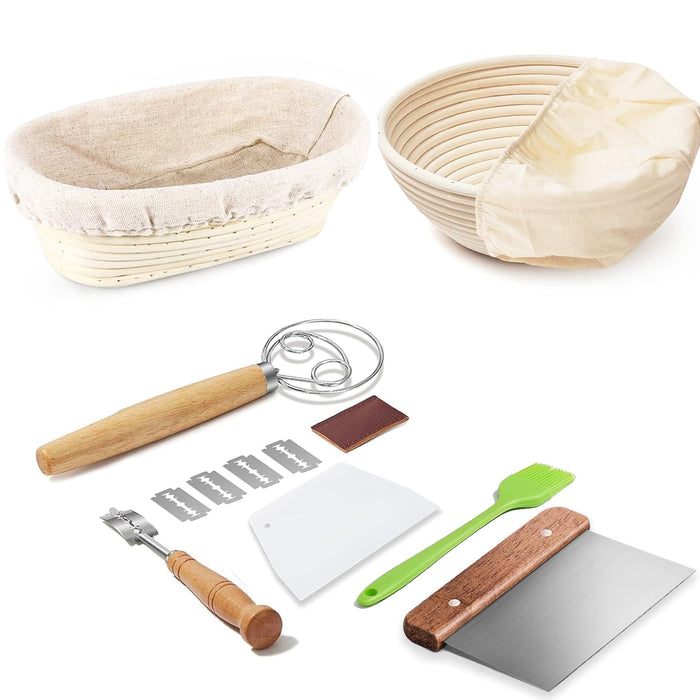 Dimpola Banneton Bread Proofing Basket Banneton Basket Set Sourdough Proofing Basket Round Proofing Bowls Handmade Rattan Baskets and Liners (Oval & Round Baking Set)