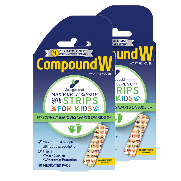 Compound W One Step Wart Remover Strips for Kids, 10 Medicated Strips for Wart Removal, 2 Pack