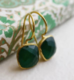 Cushion Cut Green Onyx Gold Plated Sterling Silver Drop Dangle Earrings - Handmade Jewelry Gift Ideas for Women - Christmas Gift Idea - Birthday Gift - Natural Gem Gemstone Jewelry (Green Onyx)