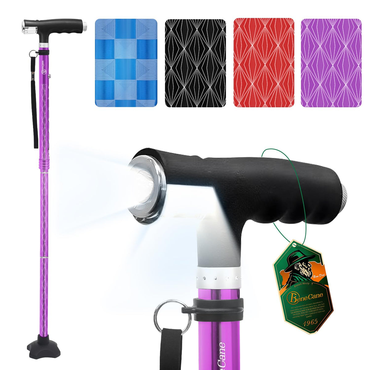 BeneCane Walking Cane for Women Folding Cane for Men with Two Led Ligh