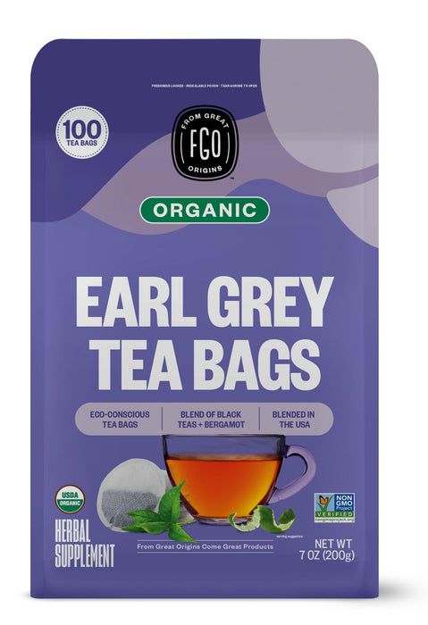 FGO Organic Earl Grey Black Tea, 100 Count, Eco-Conscious Tea Bags, Resealable Bag, Packaging May Vary (Pack of 1)