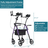 ELENKER Upright Walker, Stand Up Rollator Walker with Padded Seat and Backrest, Compact Folding, Fully Adjustment Frame for Seniors, Purple