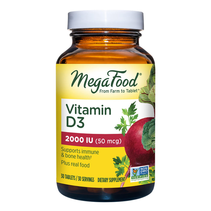 MegaFood Vitamin D3 2000 IU - Plant-Based Supplement with Real Food Ingredients – Non-GMO & Vegetarian – 30 Tablets