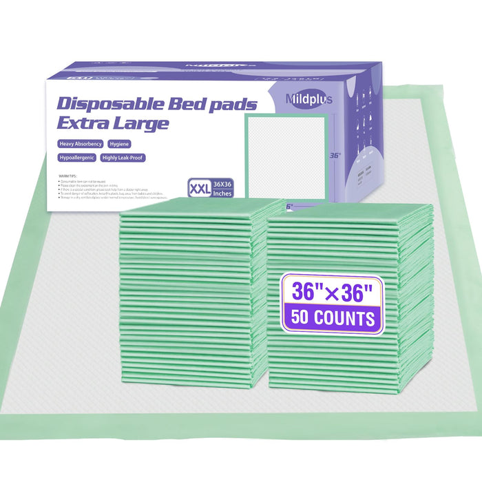 MILDPLUS Disposable Bed Pads 36'' X 36'' Heavy Duty Underpads Extra Large Incontinence Pads for Unisex Adult, Senior, Kids and Pet (50 Count)