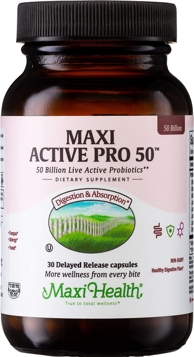 Maxi Health Probiotic Plus Ultimate Prebiotic Advanced Live Probiotics Formula - 50 Billion Live Active Probiotic - 15 Strains - Ultra Protection - Active Pro-50 - 30 Count