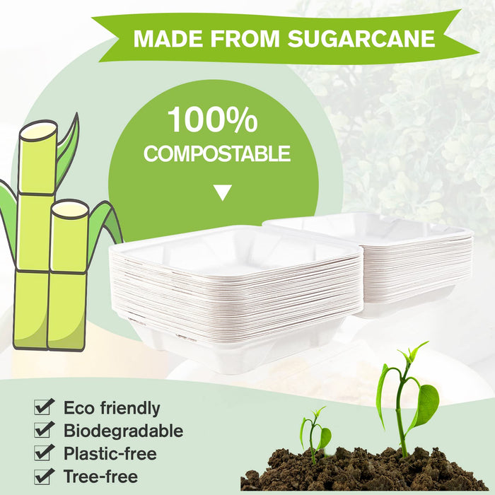 ECOLipak 50 Pack Clamshell Take Out Food Containers, 100% Compostable Disposable To Go Containers, 8X8 Heavy-Duty To Go Boxes for Food