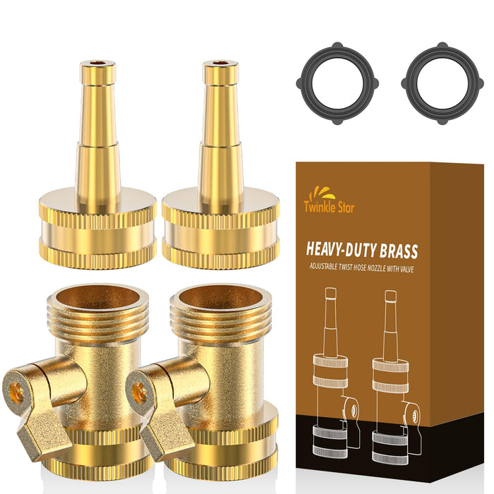 Twinkle Star Brass Hose Nozzle 4 Pack, Jet Nozzle High Pressure Hose Nozzle with Leakproof Shut off Valve, Upgraded Valve Handle, 3/4” GHT Nozzles for Garden Hose, Car Wash, Extra 2 Rubber Washers