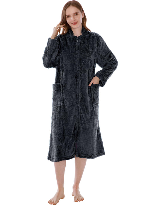 PAVILIA Womens Housecoat Zip Robe, Sherpa Zip Up Front Robe Bathrobe, Fuzzy Warm Zipper House Coat Lounger for Women Ladies Elderly with Pockets, Fluffy Fleece Long - Black (Small/Medium)