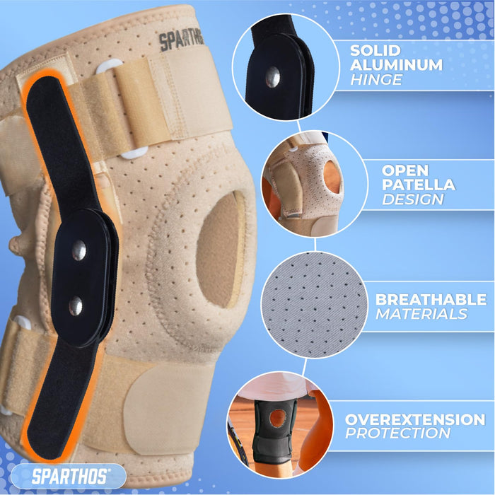 Sparthos Knee Brace - Relieves ACL, MCL, Meniscus Tear, Arthritis, Tendons Pain - Open Patella Design with Dual Hinges - Patellar Compression Support, Plus Size Fit - For Men and Women (Beige-XXXL)