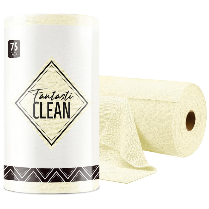 Fantasticlean Microfiber Cleaning Cloth Roll -75 Pack, Tear Away Towels, 12" x 12", Reusable Washable Rags (Beige)