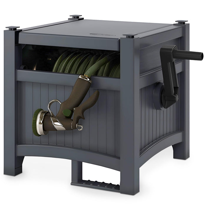 Suncast Garden Hose Hideaway Storage Reel Box, Cyberspace Grey – Resin Outdoor Container, Holds up to 100 Feet of 5/8 Inch Standard Vinyl Water Line – No Assembly Required