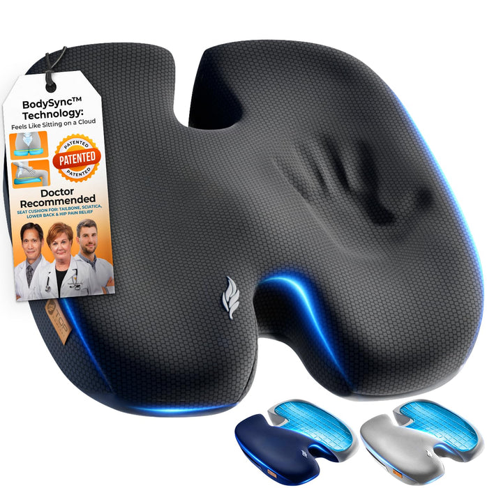 TOP COMFORT Seat Cushion, BodySync™ Technology with Non-Slip Gel & Memory Foam for Tailbone, Sciatica & Back Pain Relief, Office Chair Cushion, Car Seat Cushions for Driving (Black)