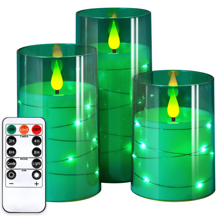 NURADA Flickering Flameless Candles: Built-in Star String Acrylic Battery Operated LED Pillar Candles with Remote and Timer for Home Party Weddings Christmas Halloween Decor -Green 3 Pack