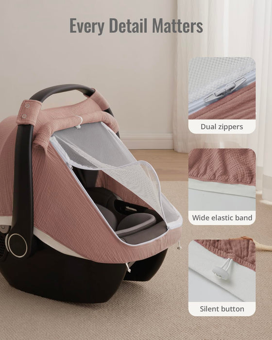 Blissful Diary Baby Car Seat Cover, Extra Large Mesh Window, Breathable Muslin Cotton, Infant Windproof Canopy-Dusty Pink