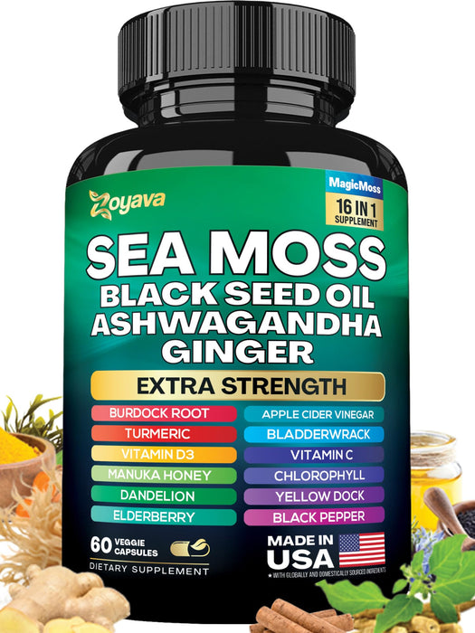 Zoyava Sea Moss 7000mg Black Seed Oil 4000mg Ashwagandha 2000mg Turmeric 2000mg Bladderwrack 2000mg Burdock 2000mg & Ginger Vitamin C Vitamin D3 with Elderberry Manuka Dandelion Yellow Dock Chlorophyll ACV