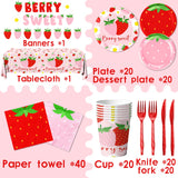 Dydamud Strawberry Party Decorations,Strawberry Theme Birthday Party Tableware Set A Berry Sweet Baby Plates Napkins Cups for Berry First Birthday Party Supplies,Strawberry Baby Shower