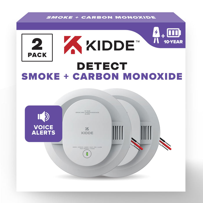 Kidde Hardwired Smoke & Carbon Monoxide Detector, 10-Year Battery Backup, Voice Alerts, Interconnectable LED Warning Light Indicators, 2 Pack