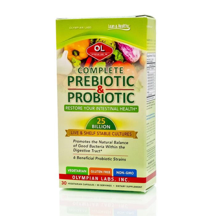 Olympian Labs Complete Prebiotic and Probiotic Supplement - 25 Billion Live Shelf Stable Cultures - 30 Vegetarian Capsules, Helps Restore The Natural Balance Within The Digestive Tract.