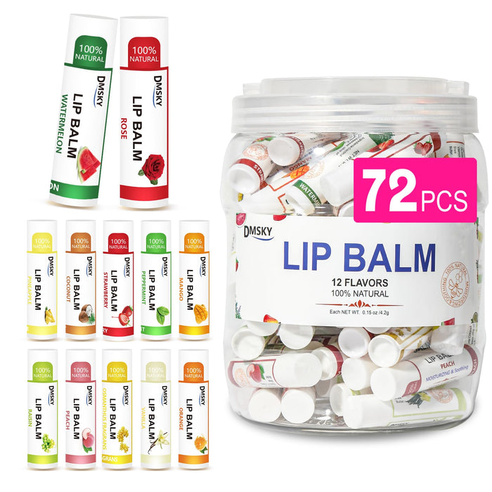 DMSKY Lip Balm Bulk 72 Pack, Lip Balm Hydrating with Vitamin E and Coconut Oil 12 Flavors, Lip Moisturizer Treatment - Party Favors Bulk Gift