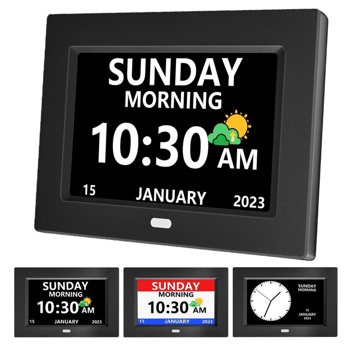 MRCHYDZ 7 Inch Clock with Day and Date for Elderly Large Display Digital Clock 12 Alarms 3 Medicine Reminders Large Font Dementia Clocks Alarm Clock for Seniors Day Clock Black
