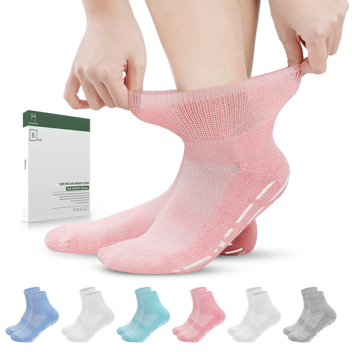 Bulinlulu Diabetic Socks with Grippers for Women&Men-6 Pairs Non Binding Diabetic Ankle Socks,Wide Non Skid Loose Top Socks with Seamless Toe(Medium,Light Bright Colors)