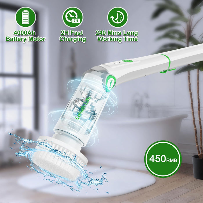 Electric Spin Scrubber,Cordless Cleaning Brush,Shower Scrubber Coming with 8 Replaceable Brush Heads, 3 Adjustable Speeds,Detachable Long Handle,Two Power Buttons,240Mins Working Time