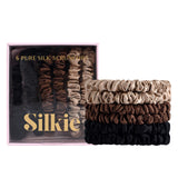 SILKIE x6 Set 100% Pure Mulberry Silk Black Brown Chocolate Pink Nude Neutral Skinny Scrunchies Travel Pouch Everyday Hair Ties Elastics Hair Care Ponytail Holder No Damage (Truffle)