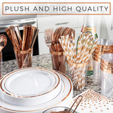 SIRSIMON 250 Piece Disposable Rose Gold Plastic Dinnerware Set - 50 Rose Gold Plastic Plates - 25 Rose Gold Plastic Silverware - 25 RoseGold Cups and Straws - 50 Fancy Napkins, Wedding or Party of 25